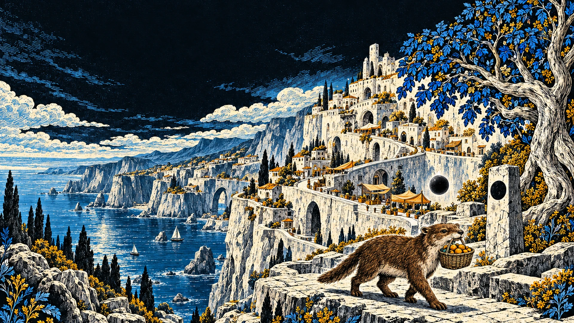 An engraved white cliff city above a blue sea, with blue-leaved trees, a small traveler carrying fruit, and the black Dot, from Distance